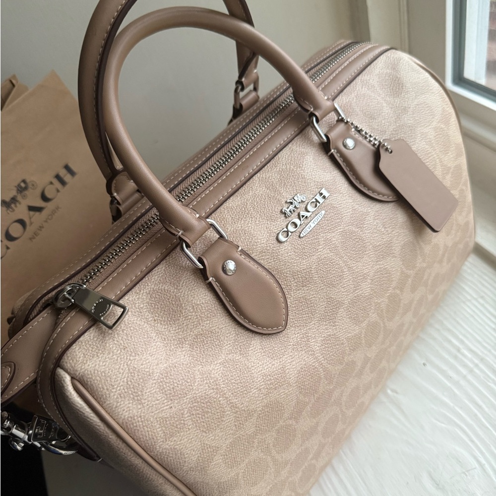 Coach Beige Signature Canvas Satchel with Tan Trim - Picture 2 of 15